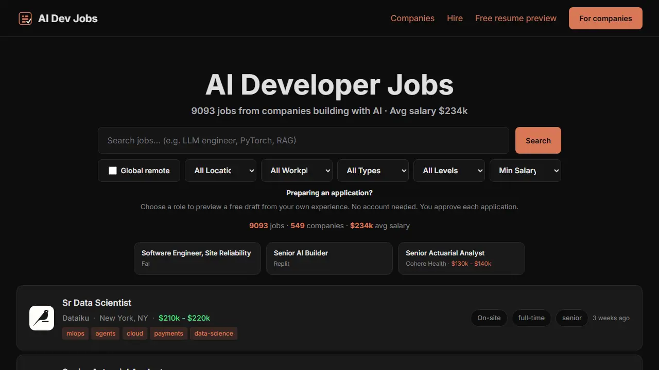 AI Dev Jobs - zrzut strony