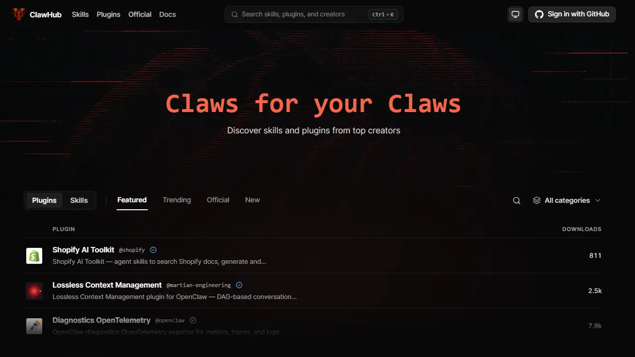 ClawHub - zrzut strony