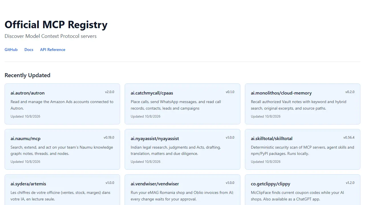 Official MCP Registry - zrzut strony