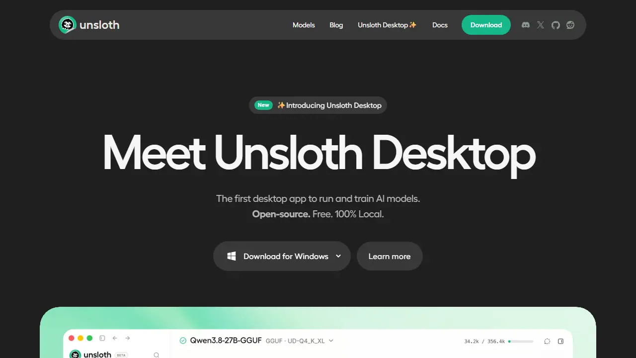 Unsloth Desktop - zrzut strony