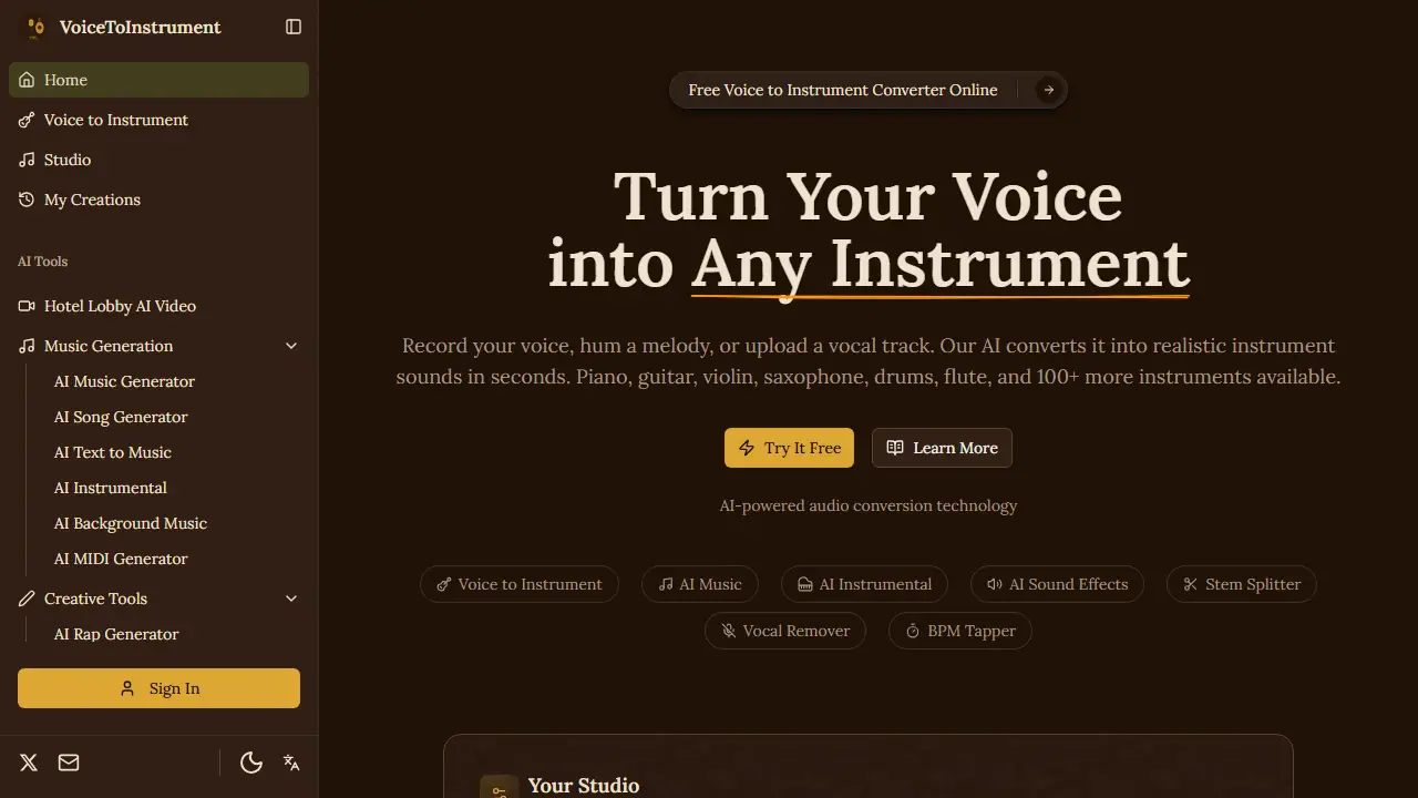 Voice to Instrument - zrzut strony